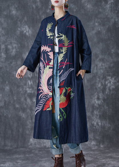 Chic Navy Phoenix Embroideried Chinese Button Denim Trench Fall Ada Fashion