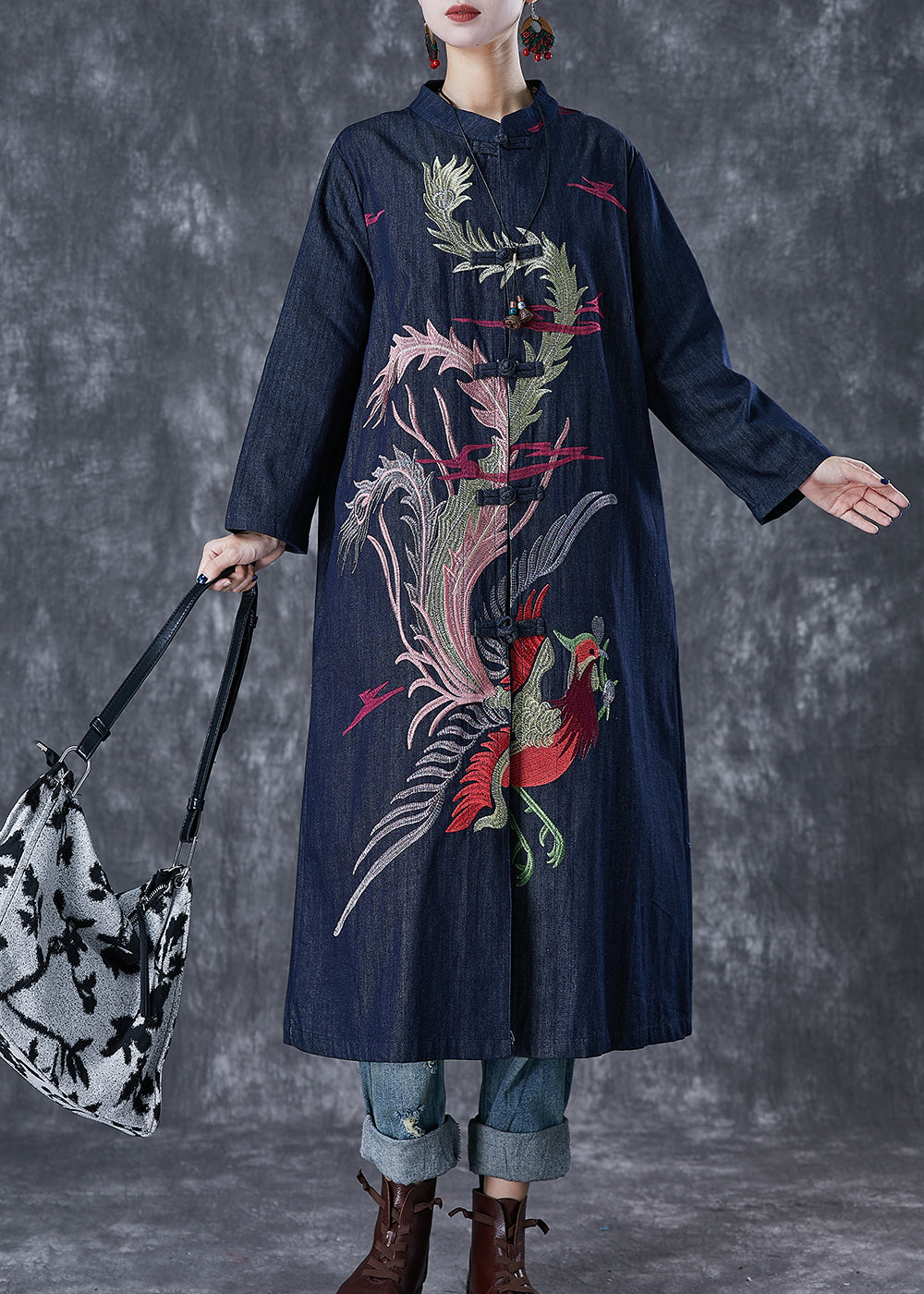 Chic Navy Phoenix Embroideried Chinese Button Denim Trench Fall Ada Fashion