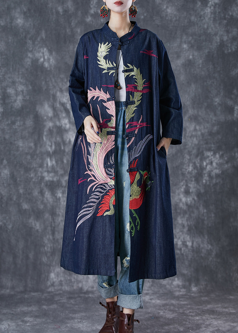 Chic Navy Phoenix Embroideried Chinese Button Denim Trench Fall Ada Fashion