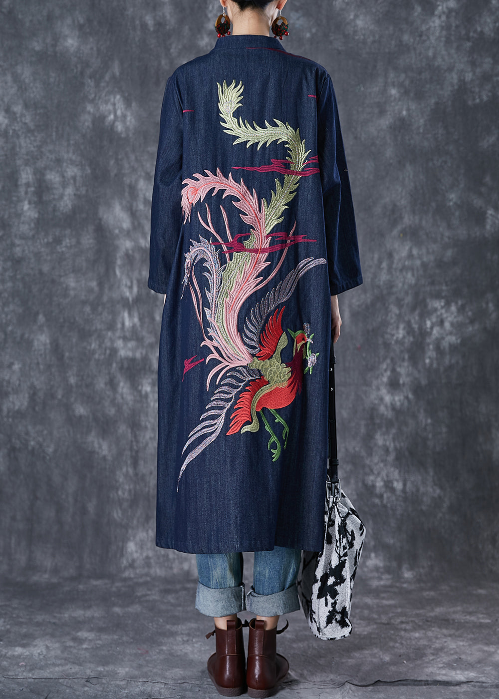 Chic Navy Phoenix Embroideried Chinese Button Denim Trench Fall Ada Fashion