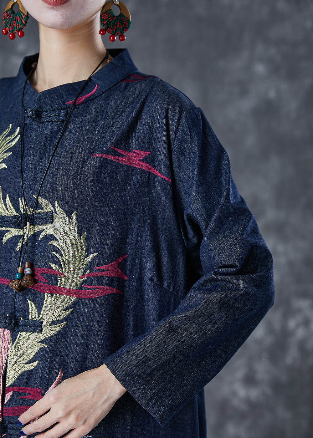 Chic Navy Phoenix Embroideried Chinese Button Denim Trench Fall Ada Fashion