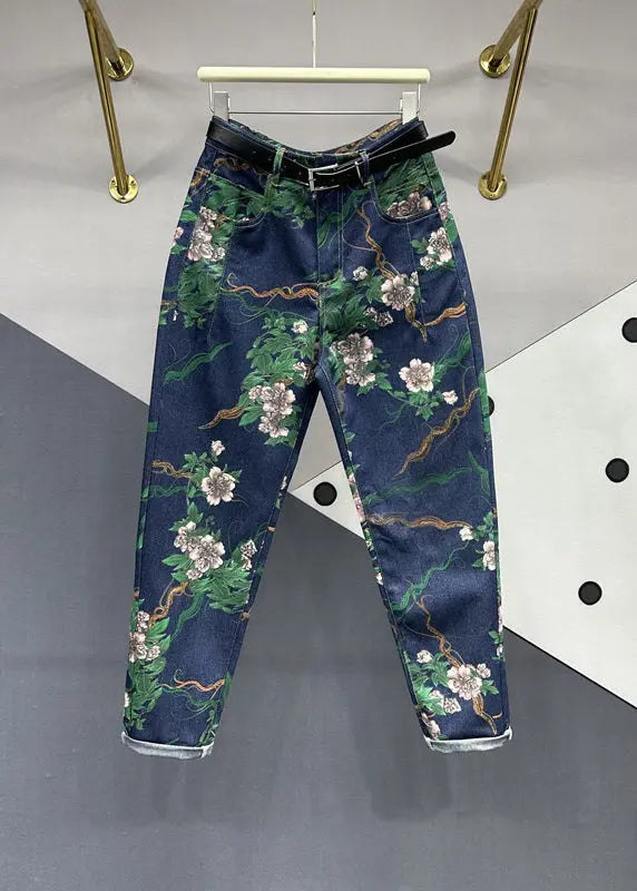 Chic Navy Pockets Floral Patchwork Denim Pants Fall Ada Fashion