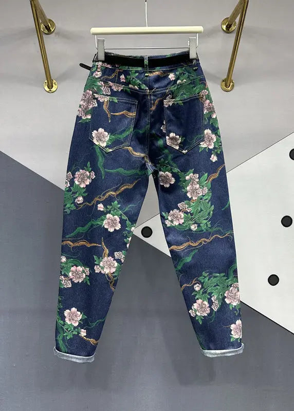 Chic Navy Pockets Floral Patchwork Denim Pants Fall Ada Fashion