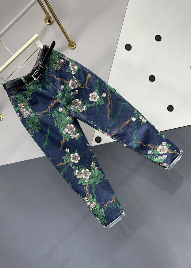 Chic Navy Pockets Floral Patchwork Denim Pants Fall Ada Fashion