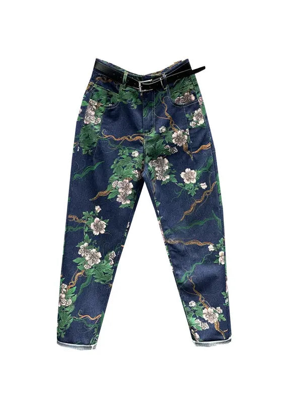 Chic Navy Pockets Floral Patchwork Denim Pants Fall Ada Fashion