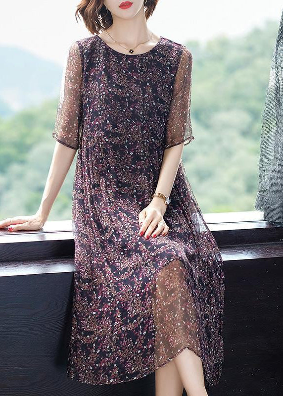 Chic O-Neck Print Wrinkled Silk Long Dresses Short Sleeve Ada Fashion