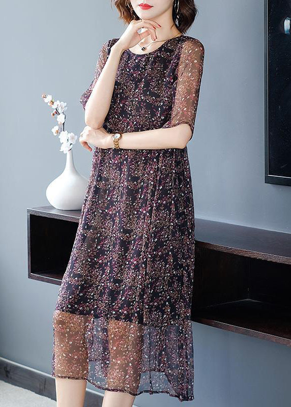 Chic O-Neck Print Wrinkled Silk Long Dresses Short Sleeve Ada Fashion