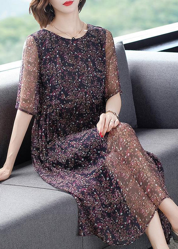 Chic O-Neck Print Wrinkled Silk Long Dresses Short Sleeve Ada Fashion