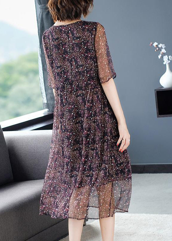 Chic O-Neck Print Wrinkled Silk Long Dresses Short Sleeve Ada Fashion