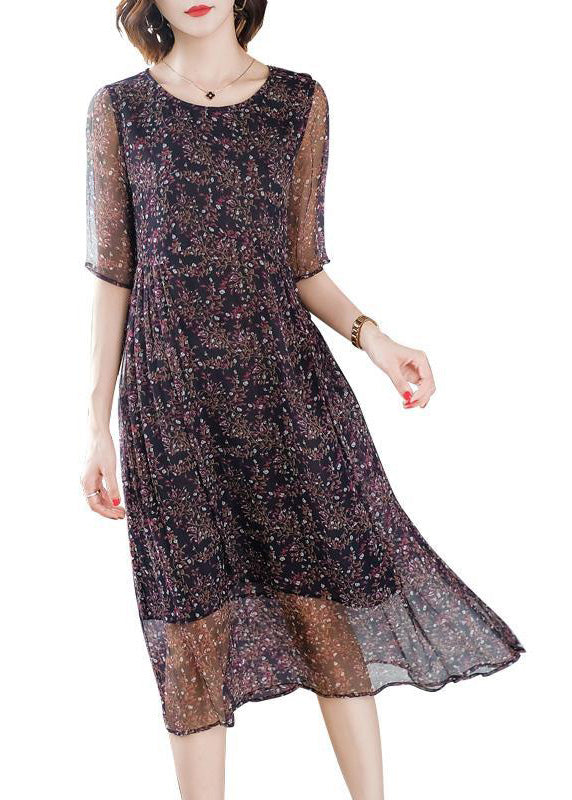 Chic O-Neck Print Wrinkled Silk Long Dresses Short Sleeve Ada Fashion