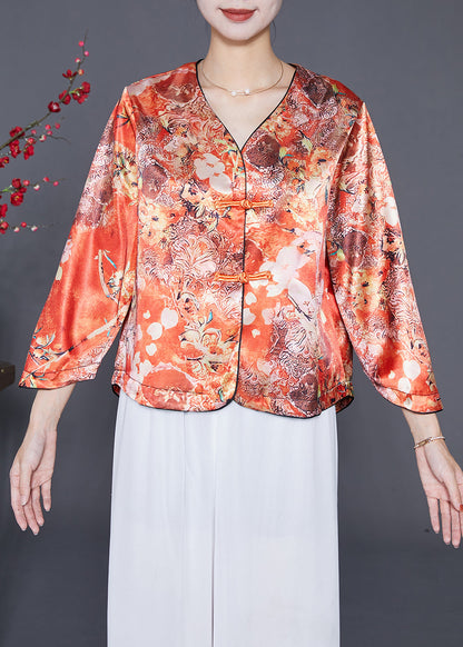 Chic Orange Chinese Button Print Silk Shirts Bracelet Sleeve Ada Fashion