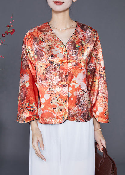 Chic Orange Chinese Button Print Silk Shirts Bracelet Sleeve Ada Fashion