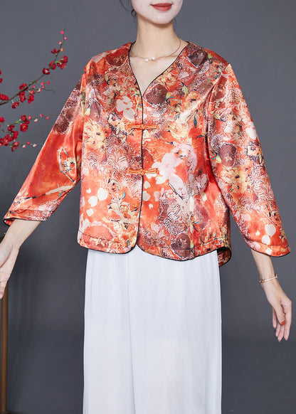 Chic Orange Chinese Button Print Silk Shirts Bracelet Sleeve Ada Fashion