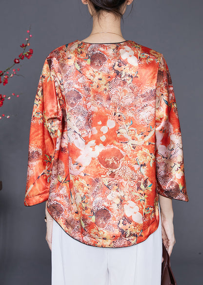 Chic Orange Chinese Button Print Silk Shirts Bracelet Sleeve Ada Fashion