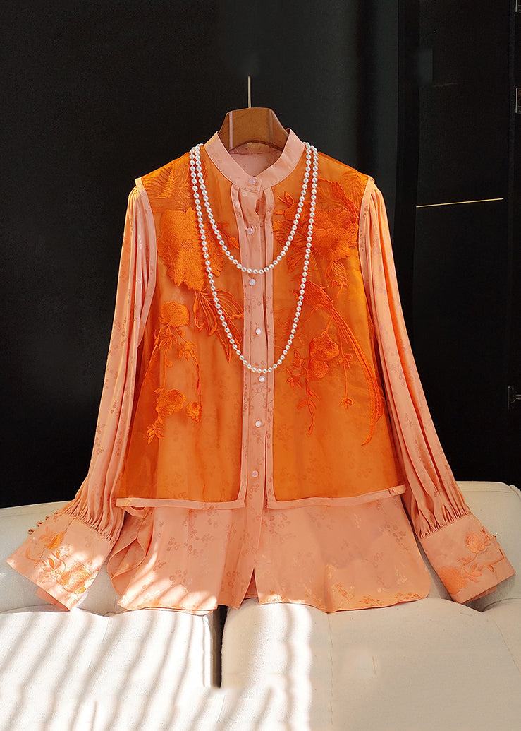 Chic Orange Embroideried Patchwork False Two Pieces Silk Cotton Blouse Fall Ada Fashion