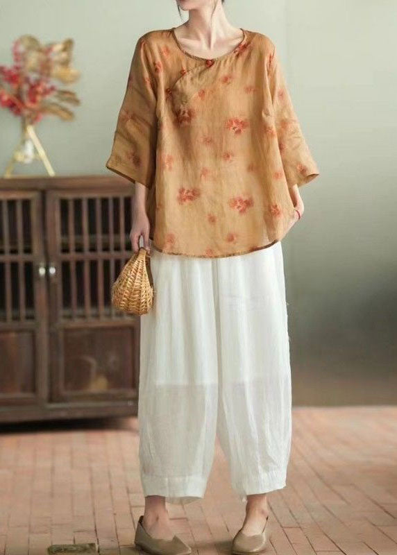 Chic Orange O-Neck Print Patchwork Linen Two Pieces Set Summer LY4098 - fabuloryshop