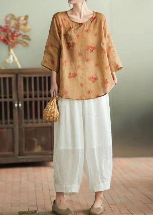 Chic Orange O-Neck Print Patchwork Linen Two Pieces Set Summer LY4098 - fabuloryshop