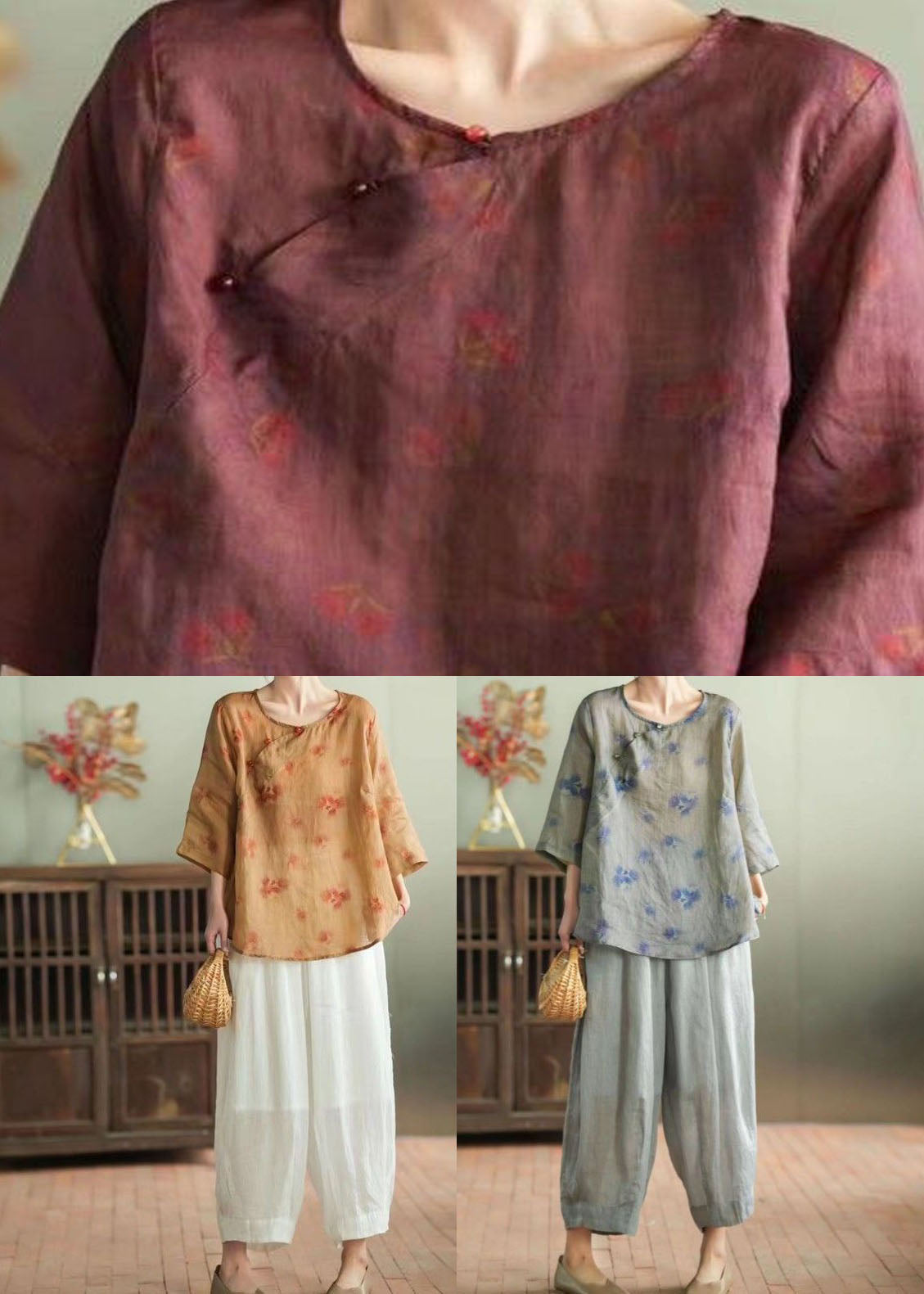 Chic Orange O-Neck Print Patchwork Linen Two Pieces Set Summer LY4098 - fabuloryshop
