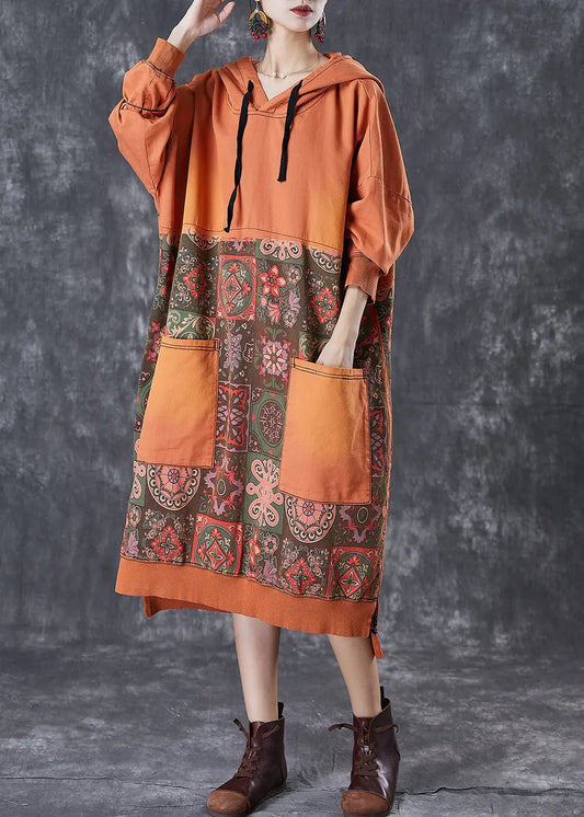 Chic Orange Oversized Patchwork Cotton Pullover Sweatshirt Dress Fall Ada Fashion