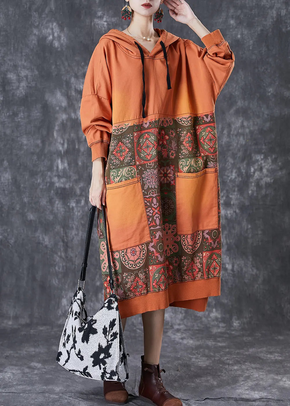 Chic Orange Oversized Patchwork Cotton Pullover Sweatshirt Dress Fall Ada Fashion