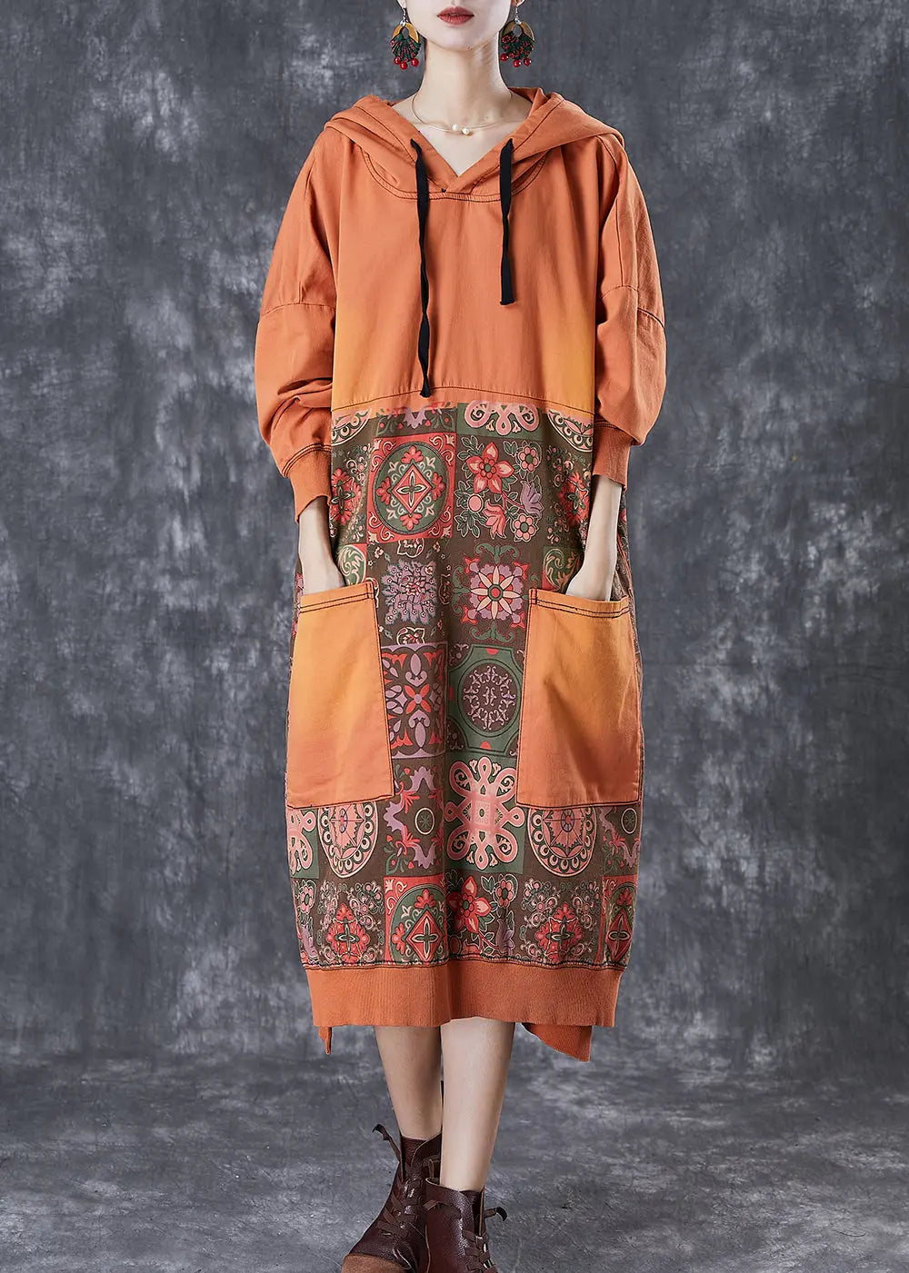 Chic Orange Oversized Patchwork Cotton Pullover Sweatshirt Dress Fall Ada Fashion