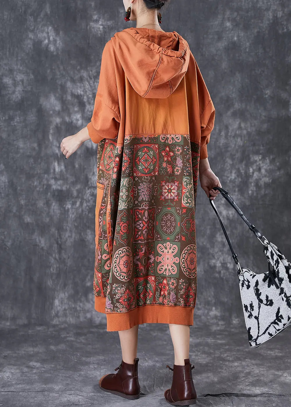 Chic Orange Oversized Patchwork Cotton Pullover Sweatshirt Dress Fall Ada Fashion