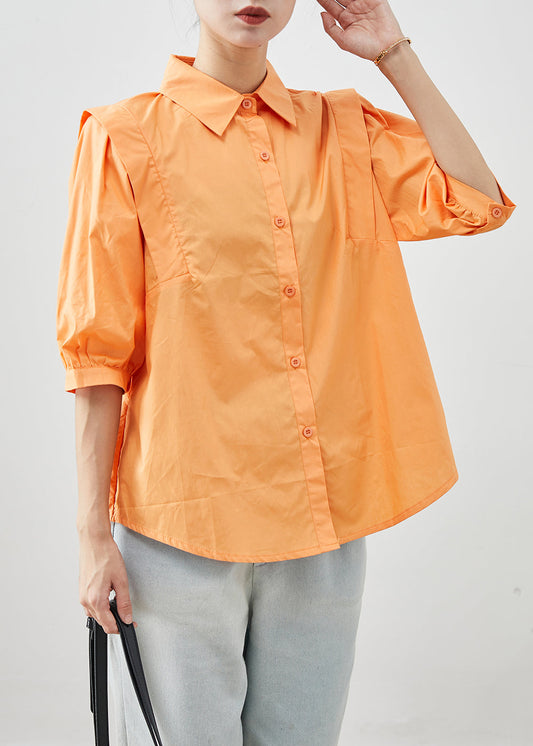 Chic Orange Peter Pan Collar Patchwork Cotton Shirts Half Sleeve Ada Fashion