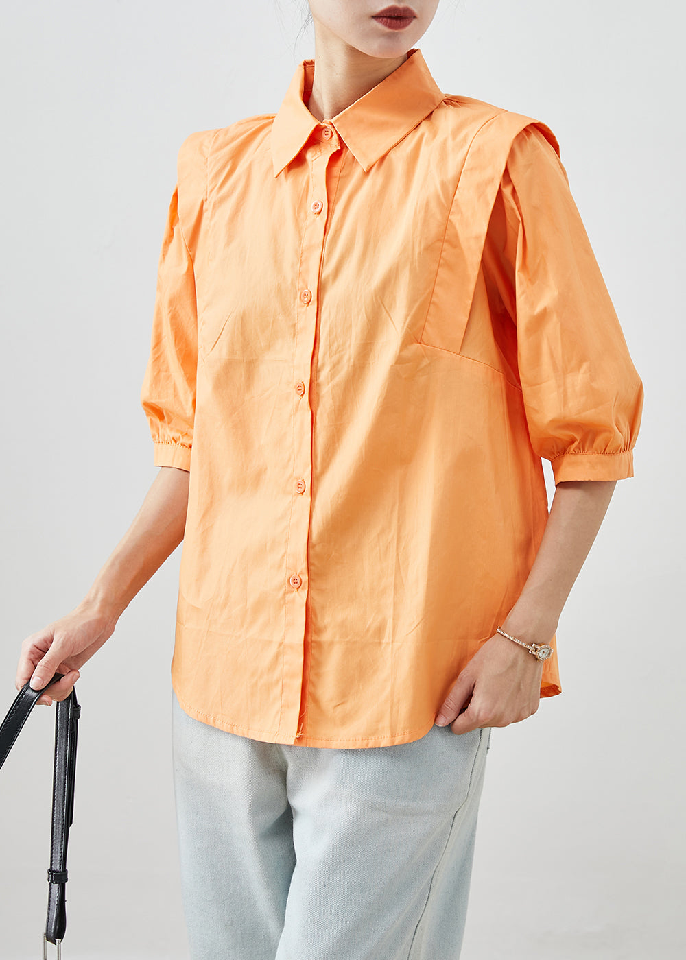 Chic Orange Peter Pan Collar Patchwork Cotton Shirts Half Sleeve Ada Fashion