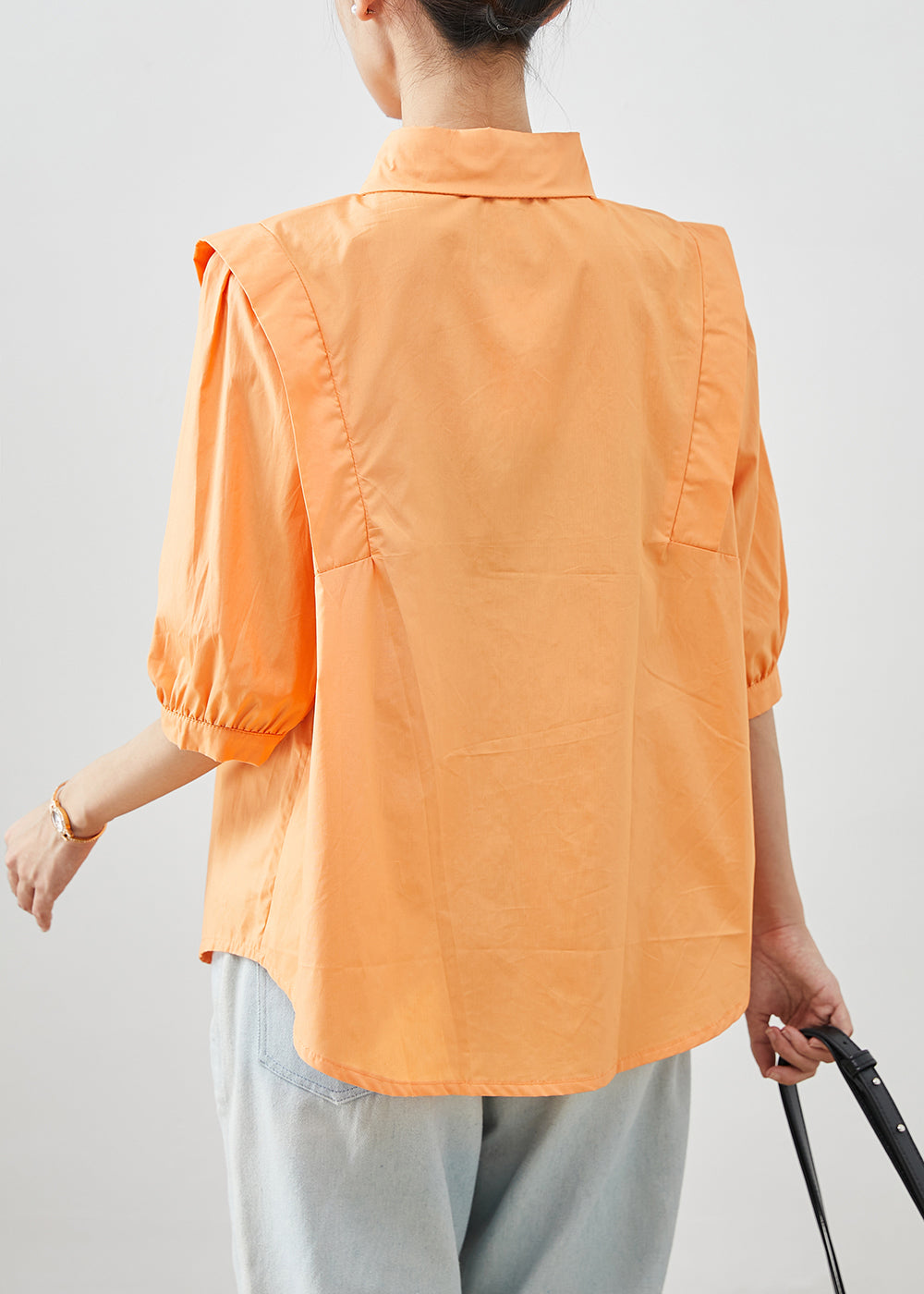 Chic Orange Peter Pan Collar Patchwork Cotton Shirts Half Sleeve Ada Fashion