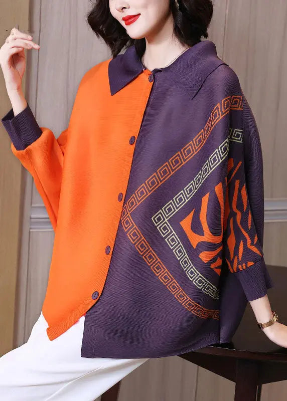 Chic Orange Peter Pan Collar Print Button Shirt Long Sleeve Ada Fashion