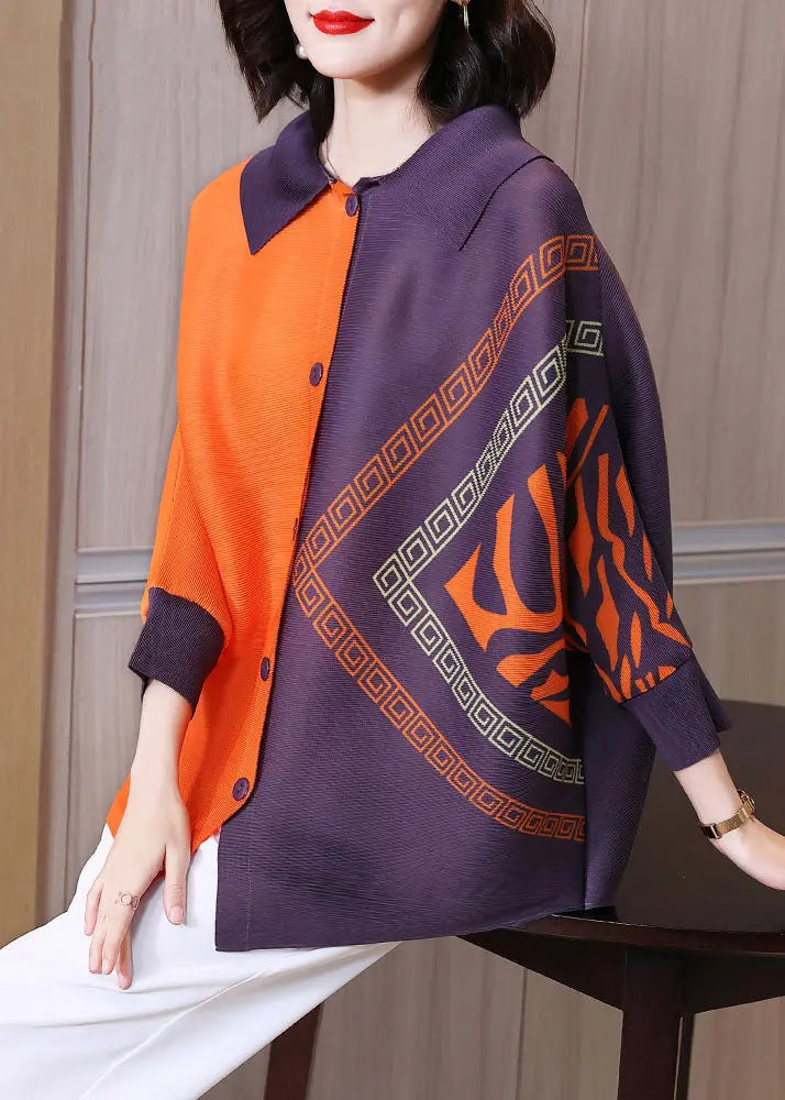 Chic Orange Peter Pan Collar Print Button Shirt Long Sleeve Ada Fashion