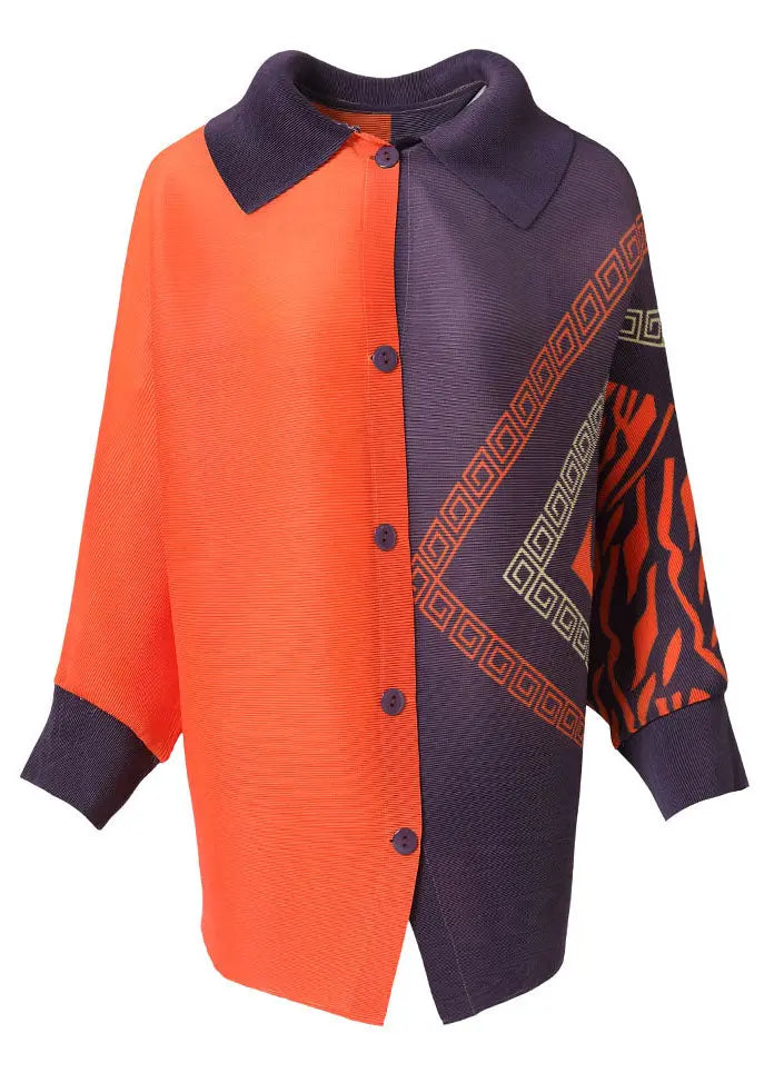 Chic Orange Peter Pan Collar Print Button Shirt Long Sleeve Ada Fashion