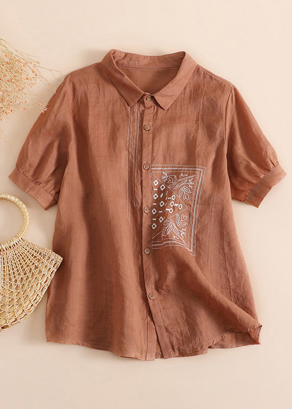 Chic Orange Peter Pan Collar Print Button Solid Linen Shirts Short Sleeve LY4491 - fabuloryshop