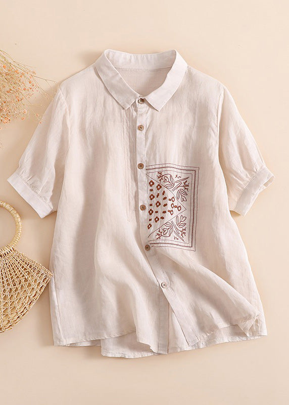 Chic Orange Peter Pan Collar Print Button Solid Linen Shirts Short Sleeve LY4491 - fabuloryshop