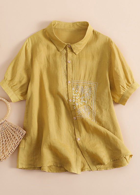 Chic Orange Peter Pan Collar Print Button Solid Linen Shirts Short Sleeve LY4491 - fabuloryshop