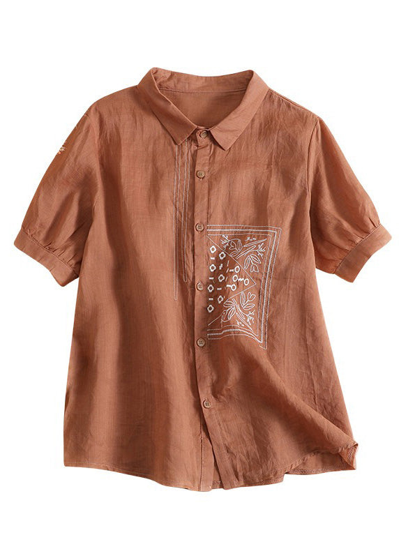 Chic Orange Peter Pan Collar Print Button Solid Linen Shirts Short Sleeve LY4491 - fabuloryshop