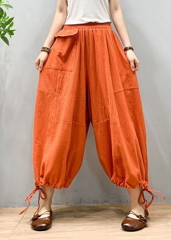 Chic Orange Wrinkled Drawstring Patchwork Linen Lantern Pants Summer LY0587 - fabuloryshop