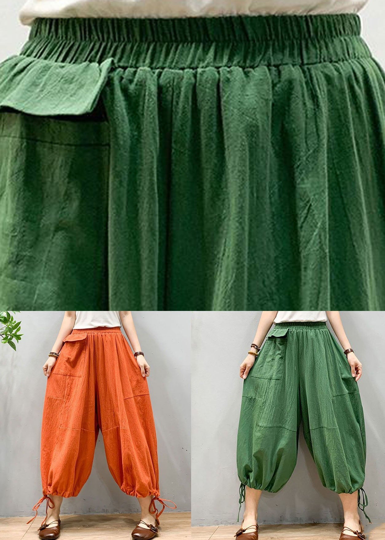 Chic Orange Wrinkled Drawstring Patchwork Linen Lantern Pants Summer LY0587