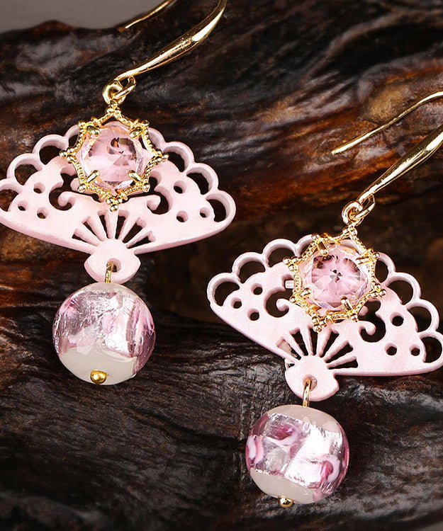 Chic Pink Copper Crystal Coloured Glaze Fan Drop Earrings LY2020 - fabuloryshop