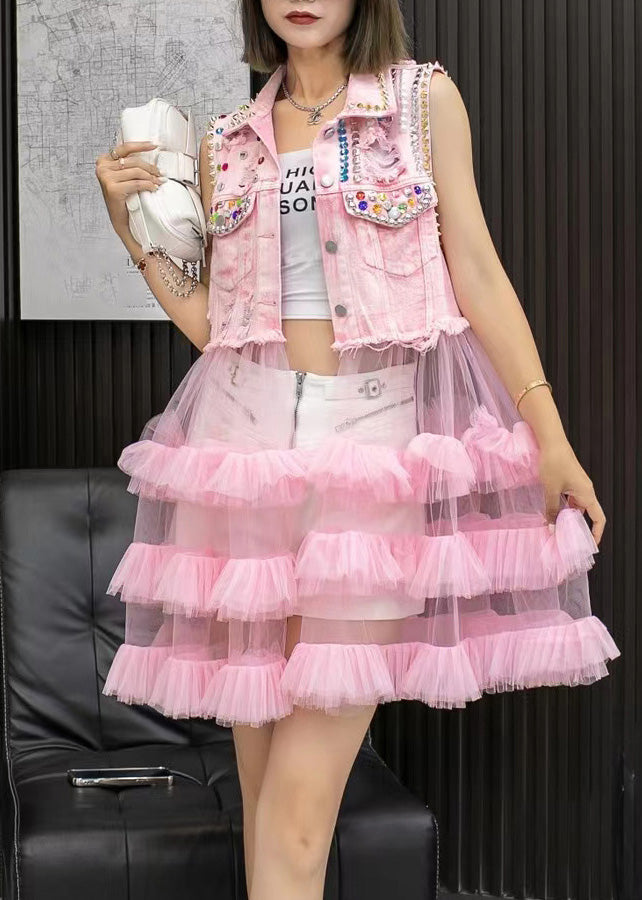 Chic Pink Denim Waistcoat Patchwork Tulle Mid Dresses Sleeveless LY6053 - fabuloryshop