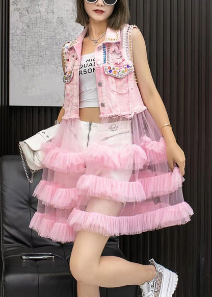 Chic Pink Denim Waistcoat Patchwork Tulle Mid Dresses Sleeveless LY6053 - fabuloryshop