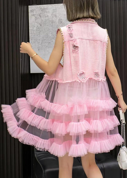 Chic Pink Denim Waistcoat Patchwork Tulle Mid Dresses Sleeveless LY6053 - fabuloryshop