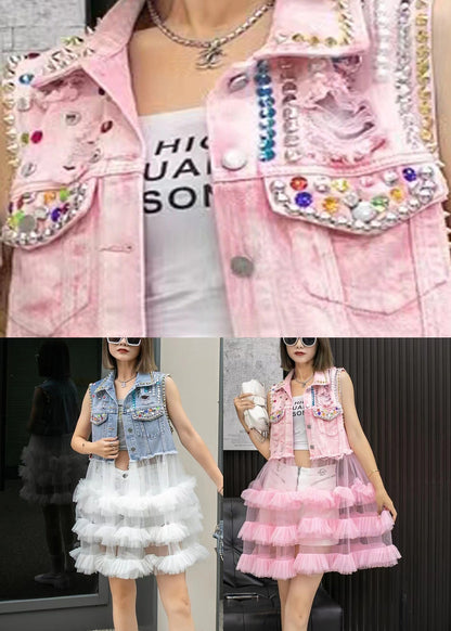 Chic Pink Denim Waistcoat Patchwork Tulle Mid Dresses Sleeveless LY6053 - fabuloryshop