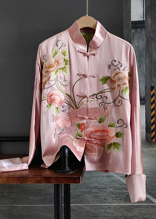 Chic Pink Embroideried Chinese Button Patchwork Silk Coat Spring LY0986 - fabuloryshop