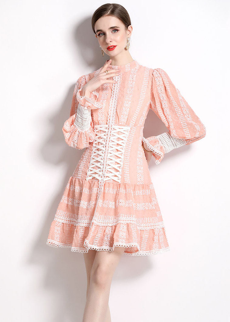 Chic Pink Hollow Out Embroideried Patchwork Chiffon Mid Dress Puff Sleeve LY7455 - fabuloryshop