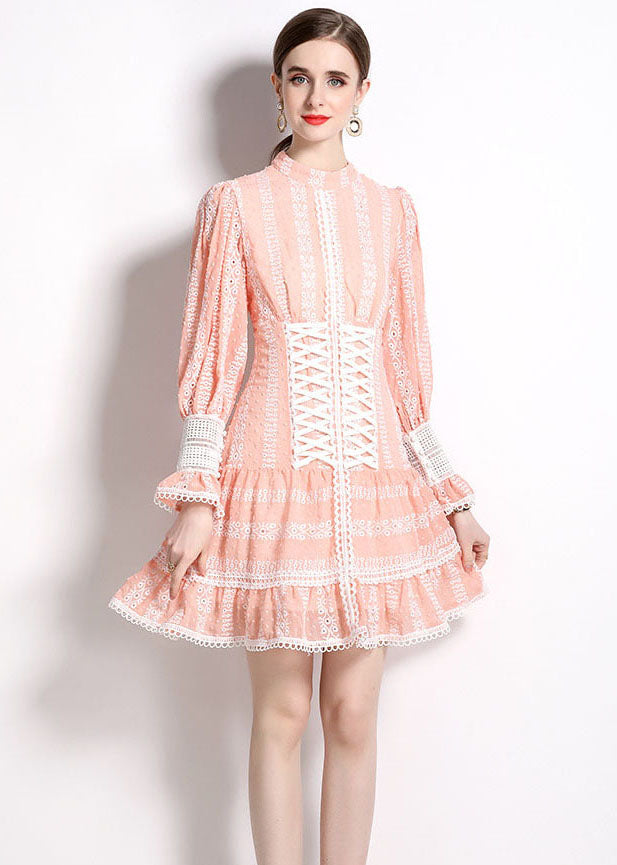 Chic Pink Hollow Out Embroideried Patchwork Chiffon Mid Dress Puff Sleeve LY7455 - fabuloryshop