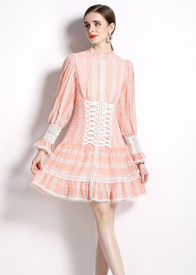 Chic Pink Hollow Out Embroideried Patchwork Chiffon Mid Dress Puff Sleeve LY7455 - fabuloryshop