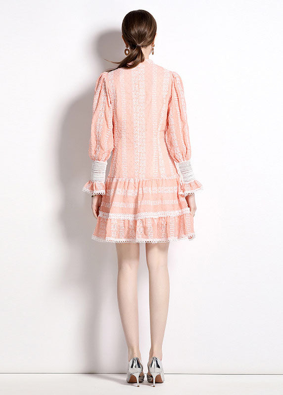 Chic Pink Hollow Out Embroideried Patchwork Chiffon Mid Dress Puff Sleeve LY7455 - fabuloryshop