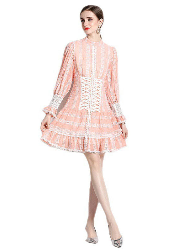 Chic Pink Hollow Out Embroideried Patchwork Chiffon Mid Dress Puff Sleeve LY7455 - fabuloryshop