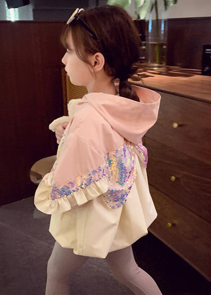 Chic Pink Hooded Sequins Ruffled Cotton Girls Coat Fall Ada Fashion